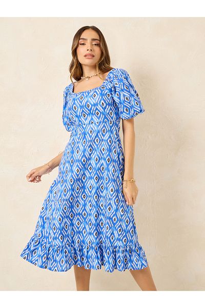 Styli Ikat Print Square Neck A-Line Midi Dress