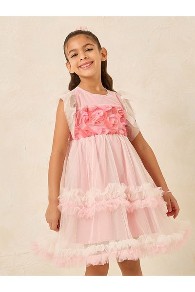 Styli Floral Applique Ruffle Hem Layer Mesh Dress