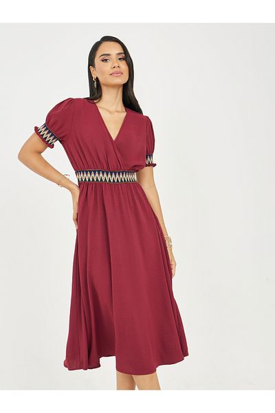 Styli Embroidered V Neck A-line Midi Dress