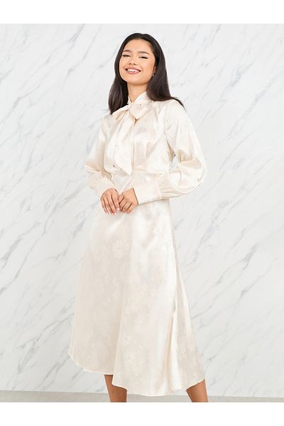 Styli Satin Jacquard Print Tie Up Neck A-Line Midi Dress
