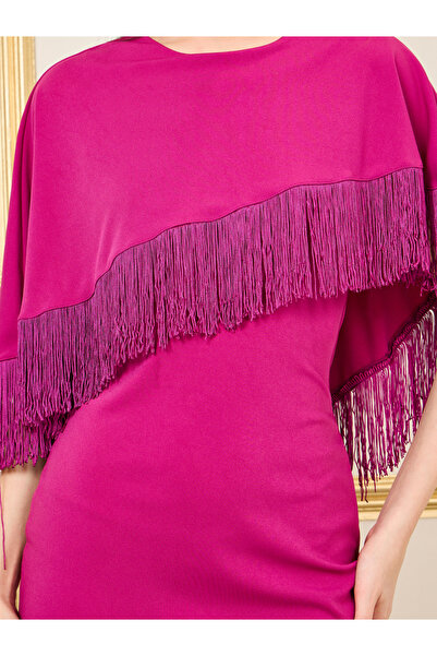 Styli Fringe Trim Cape Layer Mermaid Hem Midi Dress