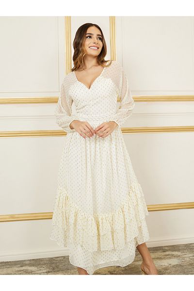 Styli Lurex Dobby Sweetheart Neck Ruffle Detail A-Line Maxi Dress