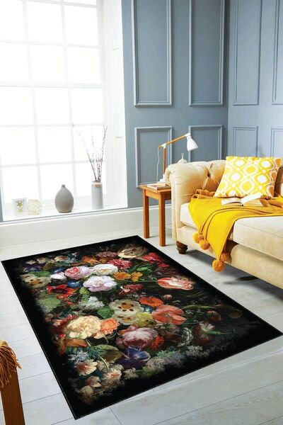 Viva Home Leke Tutmaz Kaymaz Tabanlı Makinede Yıkanan Çiçekli Mutfak Halısı A...