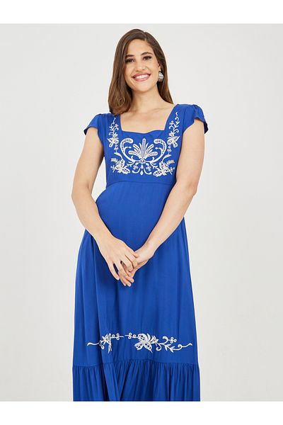 Styli Embroidered Cap Sleeve Square Neck A-Line Maxid Dress
