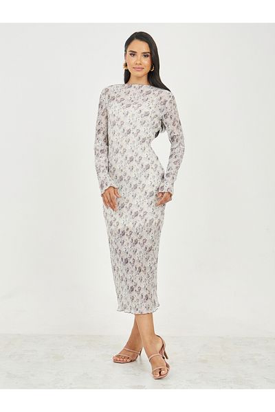 Styli Plisse Floral Print Bodycon Dress with Strappy Inner Slip