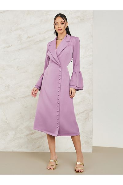 Styli Notch Lapel Blazer Midi Dress with Bell Sleeve