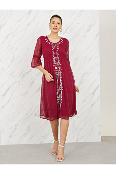 Styli Embroidered Dobby A-Line Midi Dress