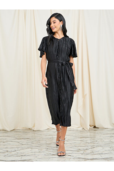 Styli Plisse Button Detail Self Tie Up Midi Dress