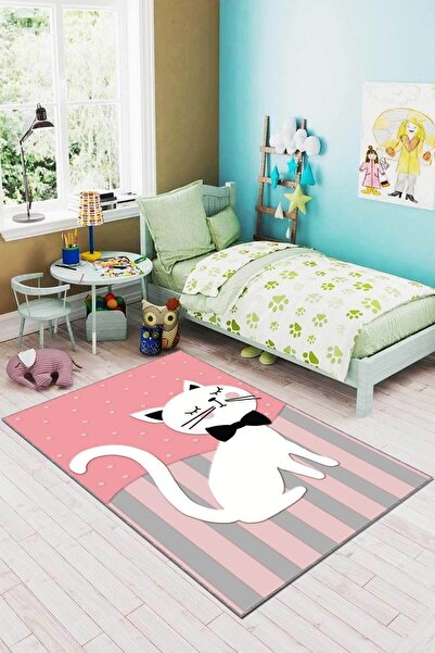 RugViva Kaymaz Tabanlı Halı Çocuk KD05 Pembe Kedi