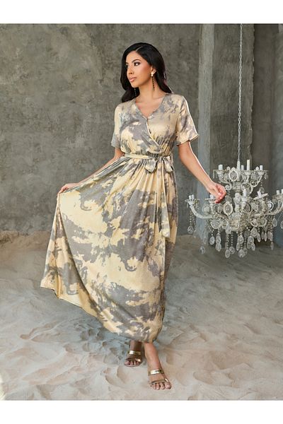 Styli Marble Print A-Line Wrap Maxi Dress