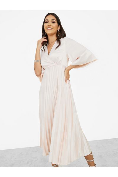 Styli 3/4 Sleeve Satin Pleated A-Line Midi Dress