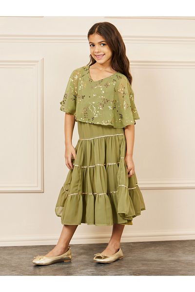 Styli Foil Print Cape Sleeves Tiered Midi Dress