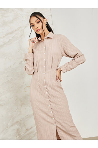 Styli Textured Button Front Shirt Midi Dress