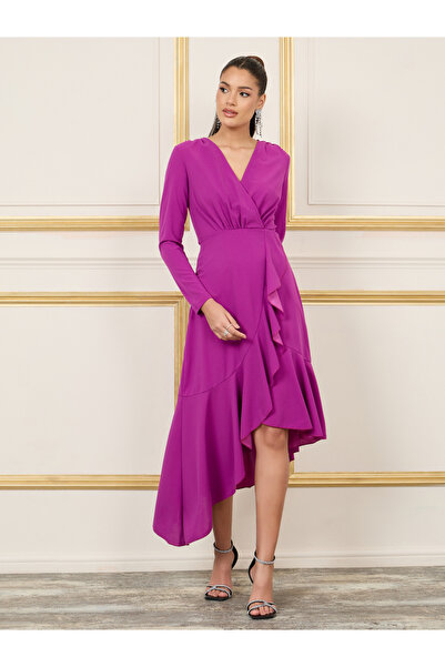 Styli Ruffle Asymmetric Hem A-Line Midi Dress