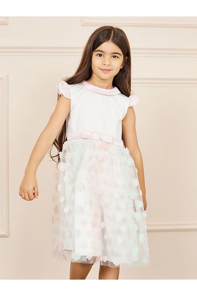 Styli Floral Applique Mesh Insert Satin Round Neck Bow Detail Dress