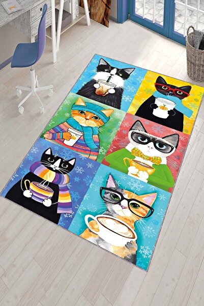 Viva Home Yıkanabilir Leke Tutmaz Kaymaz Tabanlı Kedili Mutfak Halısı Ar1139