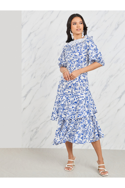 Styli All Over Print Lace Neck Layer Tiered Midi Dress