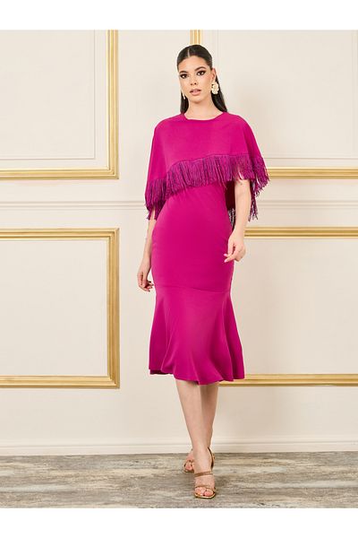 Styli Fringe Trim Cape Layer Mermaid Hem Midi Dress