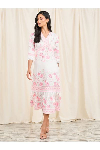 Styli Floral Print Ruffle Hem A-Line Midi Dress