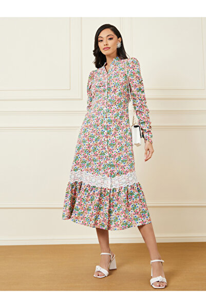 Styli Lace Insert Floral Print A-Line Midi Dress