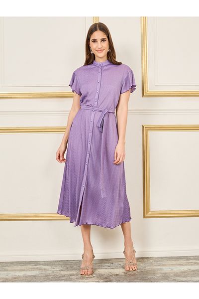 Styli Textured High Neck Self Tie Up Shift Midi Dress