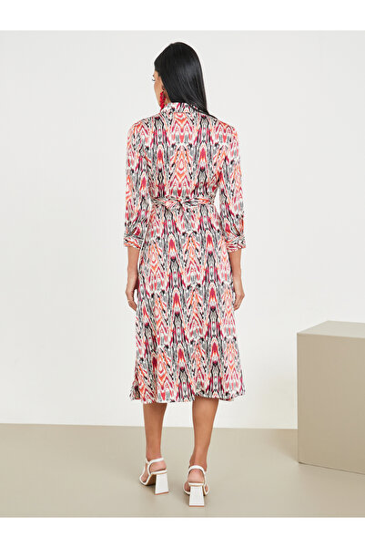 Styli Ikat Print Collared Tie Up Detail A-Line Midi Dress