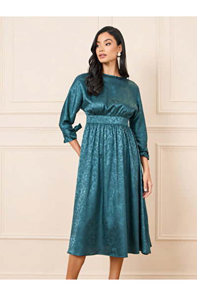 Styli Jacquard Print Tie Up Sleeves A-Line Midi Dress