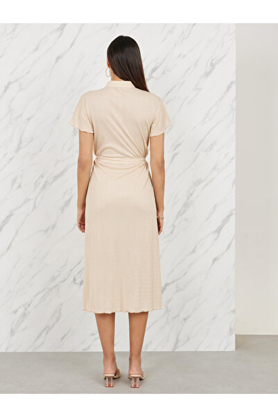 Styli Textured High Neck Self Tie Up Shift Midi Dress