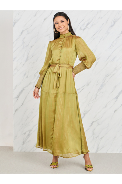 Styli Lurex Striped High Neck Smocked Detail Tiered Maxi Dress