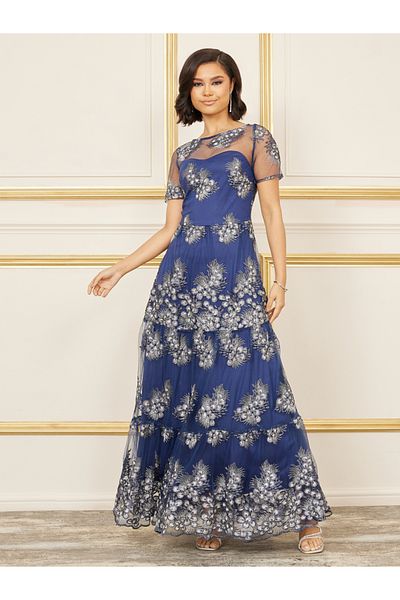 Styli Embroidered Mesh Insert A-Line Maxi Dress