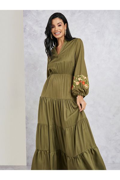 Styli Embroidered Sleeves Notch Neck Tiered Maxi Dress