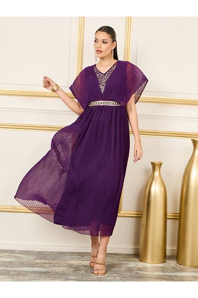 Styli Sequin Detail Pleated Cape Sleeves A-Line Maxi Dress