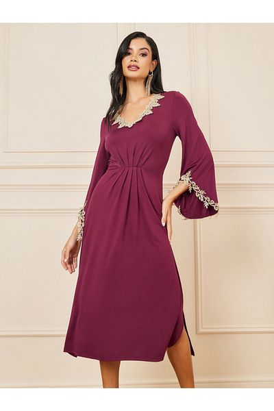 Styli Embroidered Lace Detail A-Line Midi Dress