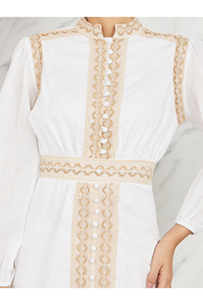 Styli Embroidered Lace Button Loop Closure Midi Dress