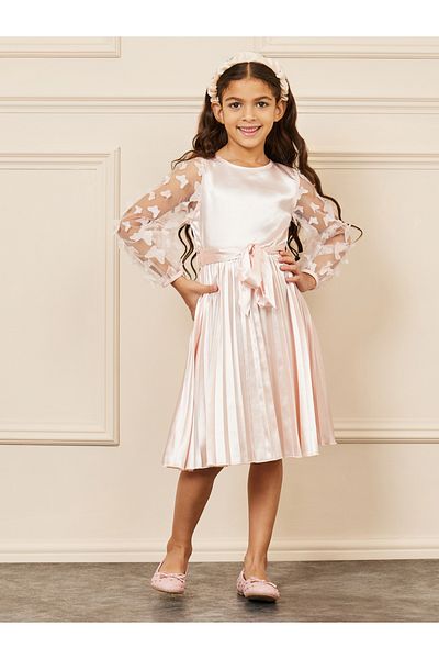 Styli Butterfly Mesh Sleeves Satin Pleated Dress with Self Tie Up