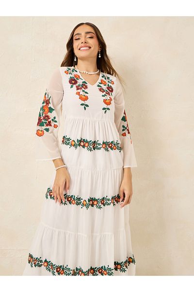 Styli Embroidered V Neck Tiered Midi Dress