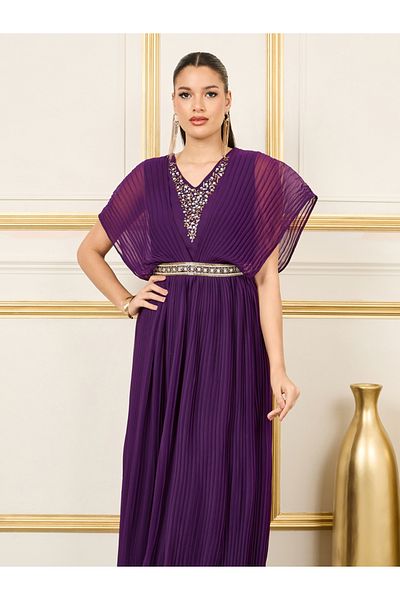 Styli Sequin Detail Pleated Cape Sleeves A-Line Maxi Dress