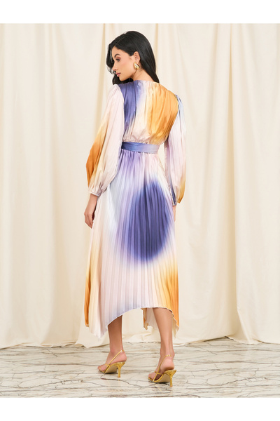 Styli Satin Tie and Dye Print Pleated A-Line Midi Dress with Self Tie Up