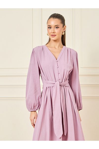 Styli Balloon Sleeves Front Button and Tie Up A-Line Dress