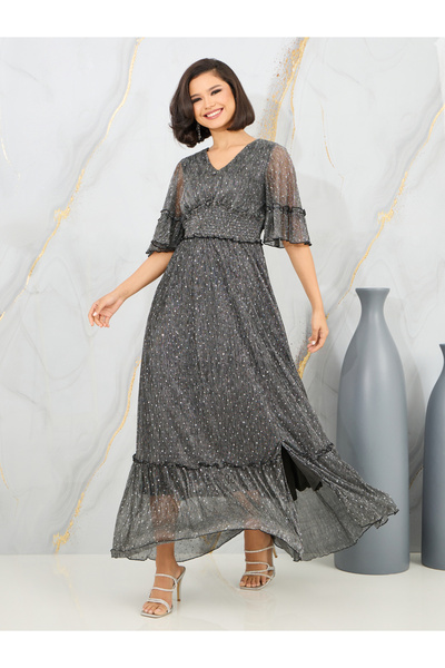 Styli Spot Print Mesh A-Line Maxi Dress with Front Slit