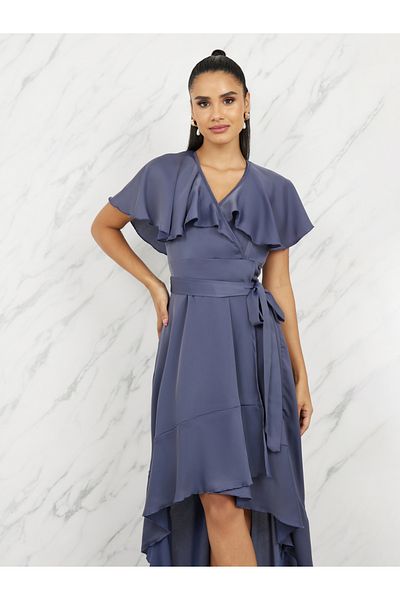 Styli Ruffle Cape Sleeves Asymmetric Hem Wrap Maxi Dress