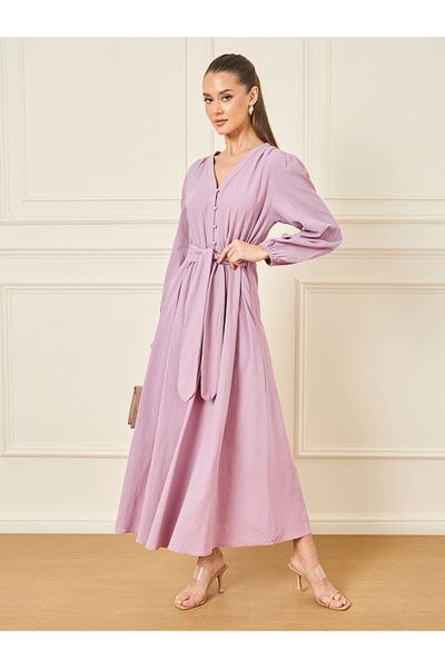 Styli Balloon Sleeves Front Button and Tie Up A-Line Dress