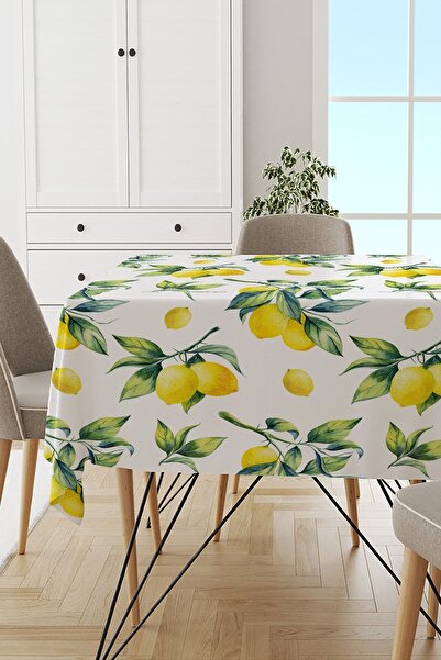RugViva Yıkanabilir Leke Tutmaz Leke Tutmaz Tay Tüyü Kadife Kumaş Limon Desenli Masa Örtüsü Mso081