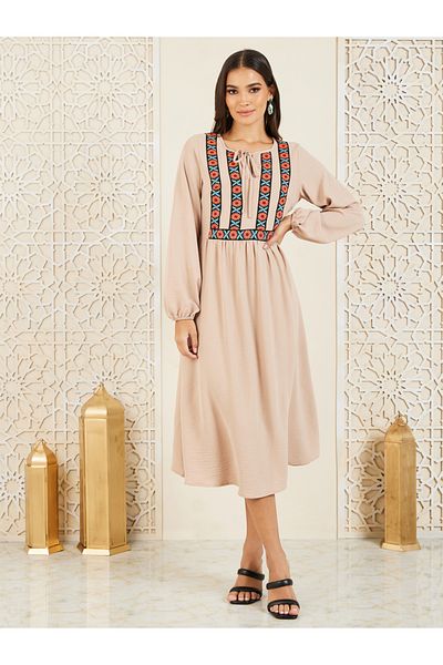 Styli Embroidered Tie Up Neck A-Line Shift Midi Dress