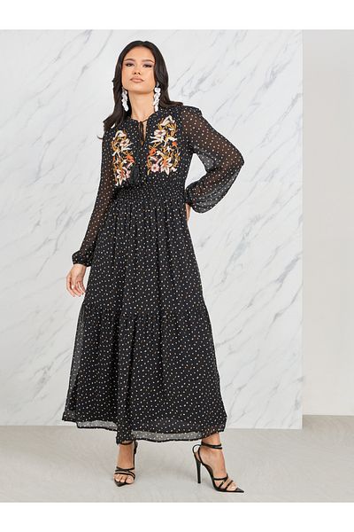 Styli Floral Embroidered Spot Printed Smocked Waist Tiered Maxi Dress
