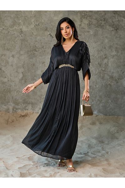 Styli Embellished Lurex Striped Gathered Detail A-Line Maxi Dress