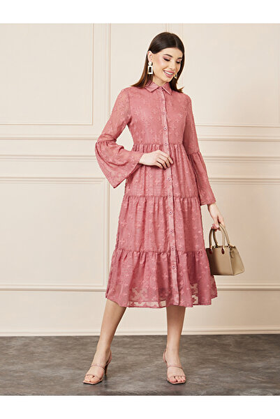 Styli Burnout Textured Tiered Shirt Midi Dress