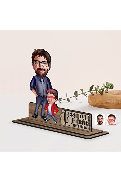 Bk Gift Kişiye Özel 3D Kabartma İsimli Baba-Oğul Karikatürlü Ahşap Biblo-2, B...