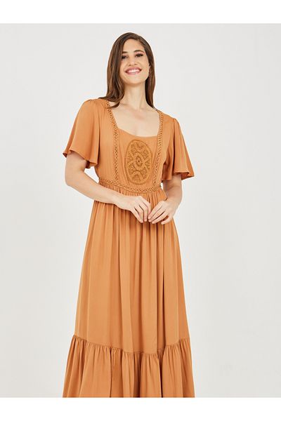 Styli Embroidered Square Neck A-Line Maxi Dress