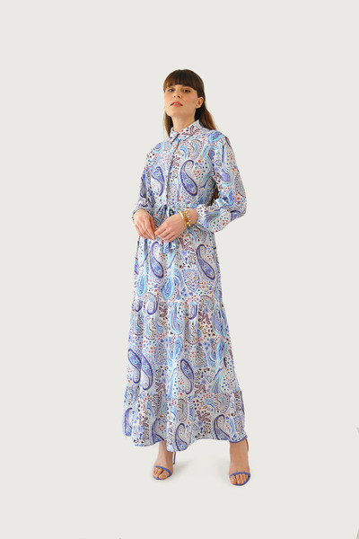 Rukayyel Şal Desenli Elbise - Mavi